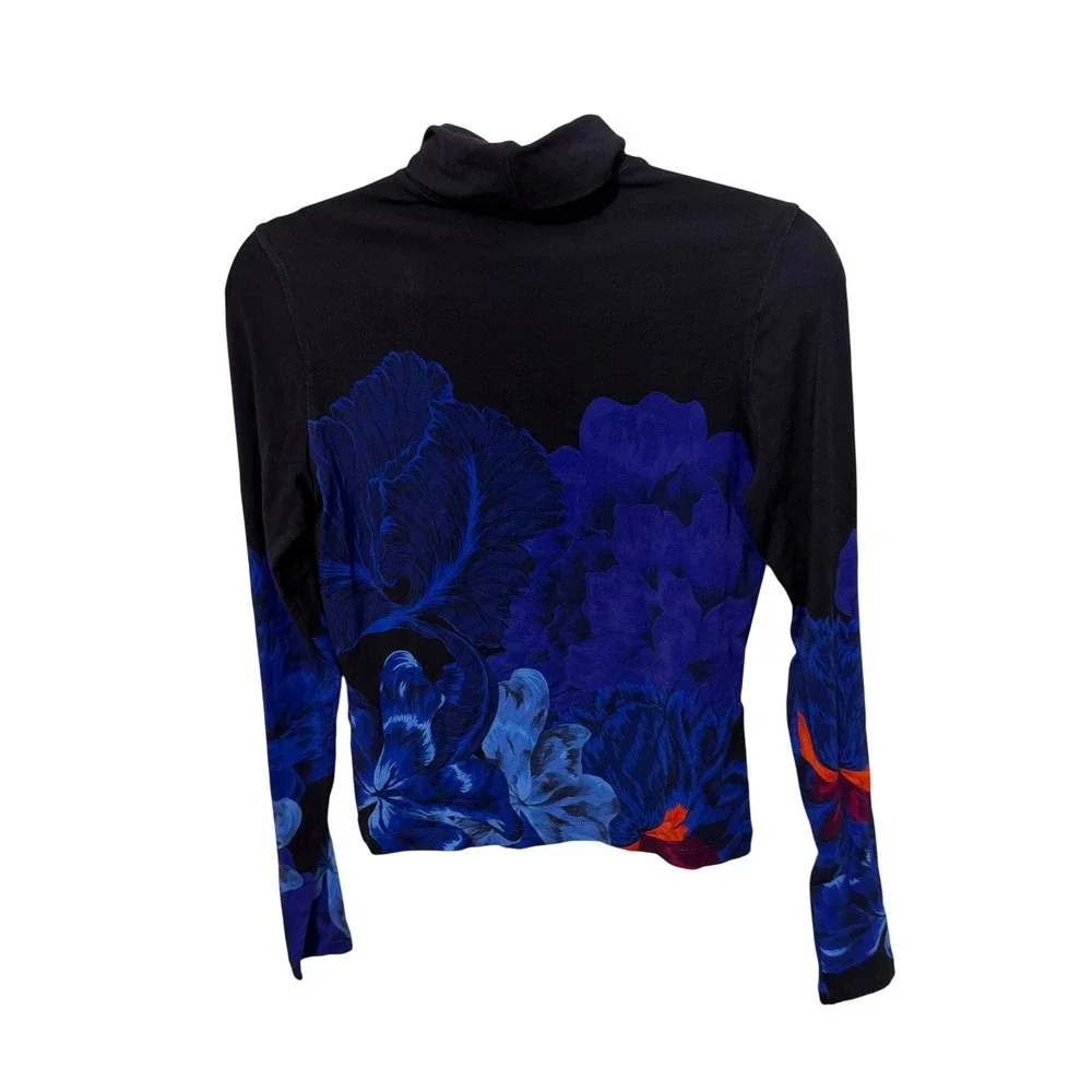 THE KIT. Turtleneck Top Womens Medium Black Indigo Iris Floral Bamboo Cotton NWT